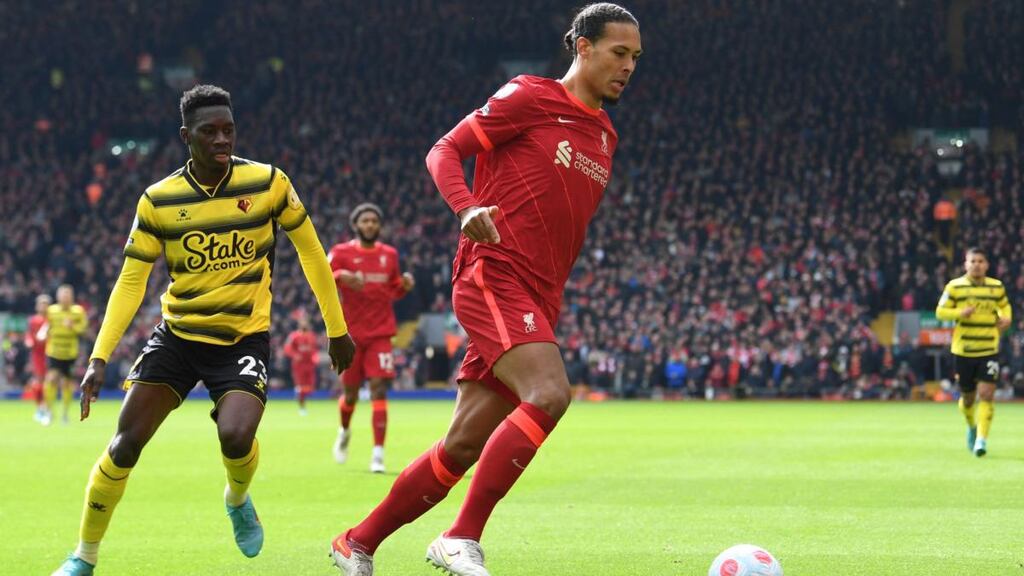 Liverpool’s Virgil van Dijk in action during the English Premier League win over Watford at Anfield. ‘We shouldn’t take for granted what is happening at the moment.’ Photograph: Paul Ellis/AFP/Getty Images