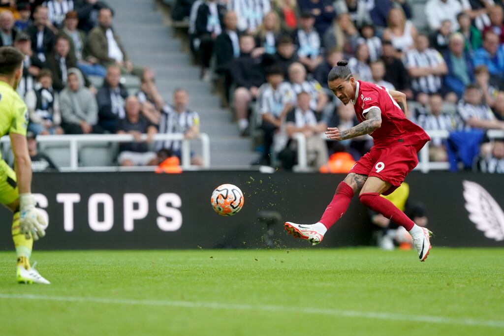 Liverpool's Darwin Nunez scores the winner against Newcastle. Photograph: Owen Humphreys/PA Wire