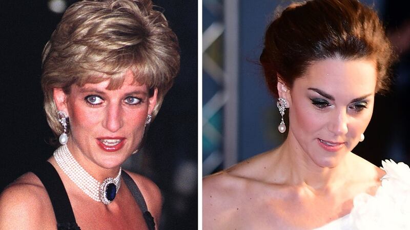 Princess Diana in 1995 and Kate Middleton wearing the same pearl drop earings at the Bafta awards. Photograph: PA Wire