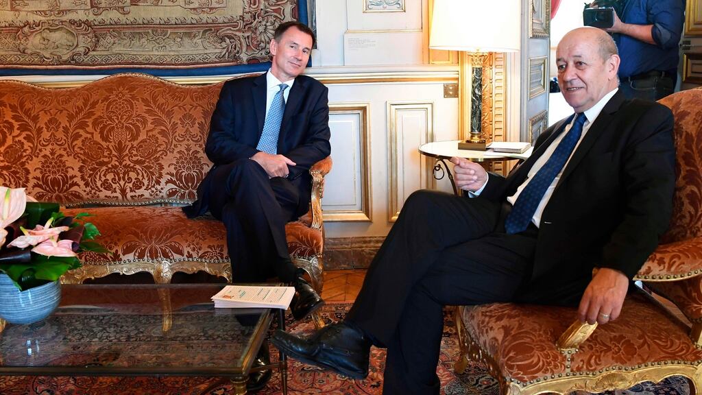 British foreign secretary Jeremy Hunt with his French counterpart, Jean-Yves Le Drian, in Paris on Tuesday. Photograph: Alain Jocard/AFP/Getty Images