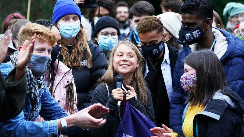 Greta Thunberg and fellow climate activists during a demonstration at Festival Park, Glasgow, on the first day of the Cop26 UN Climate Change Conference. Photograph: Andrew Milligan/PA Wire