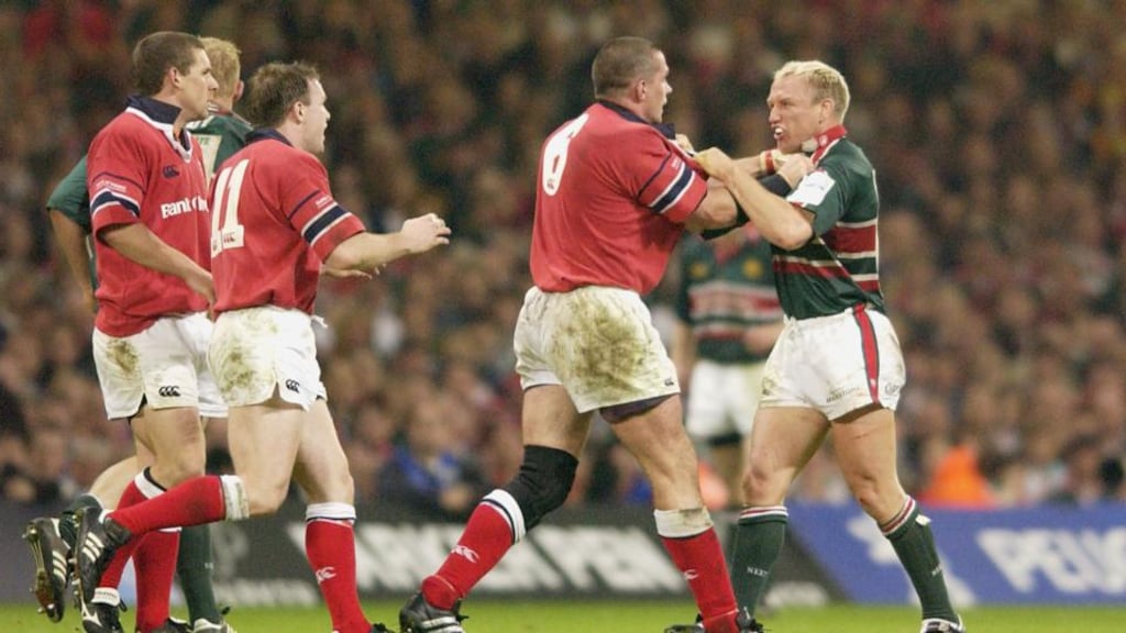 Munster’s Alan Quinlan wrestles with Leicester’s Neil Back during the 2002 Heineken Cup final at the Millennium Stadium in Cardiff. Photo: David Rogers/Getty Image