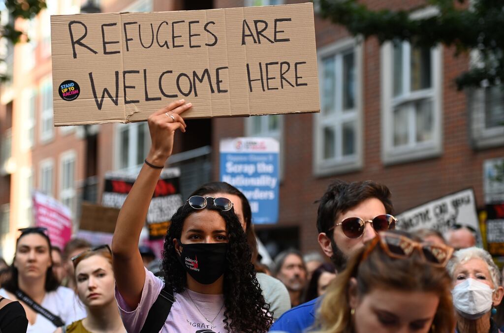 Human rights protesters demonstrate outside the Home Office in London over policy of flying asylum seekers from the UK to Rwanda. Photograph: Andy Rain/EPA