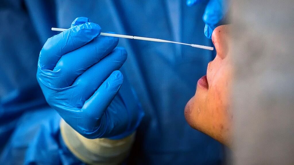 A Healthcare worker performs a Covid-19 swab test. Photograph: EPA/Angelo Carconi