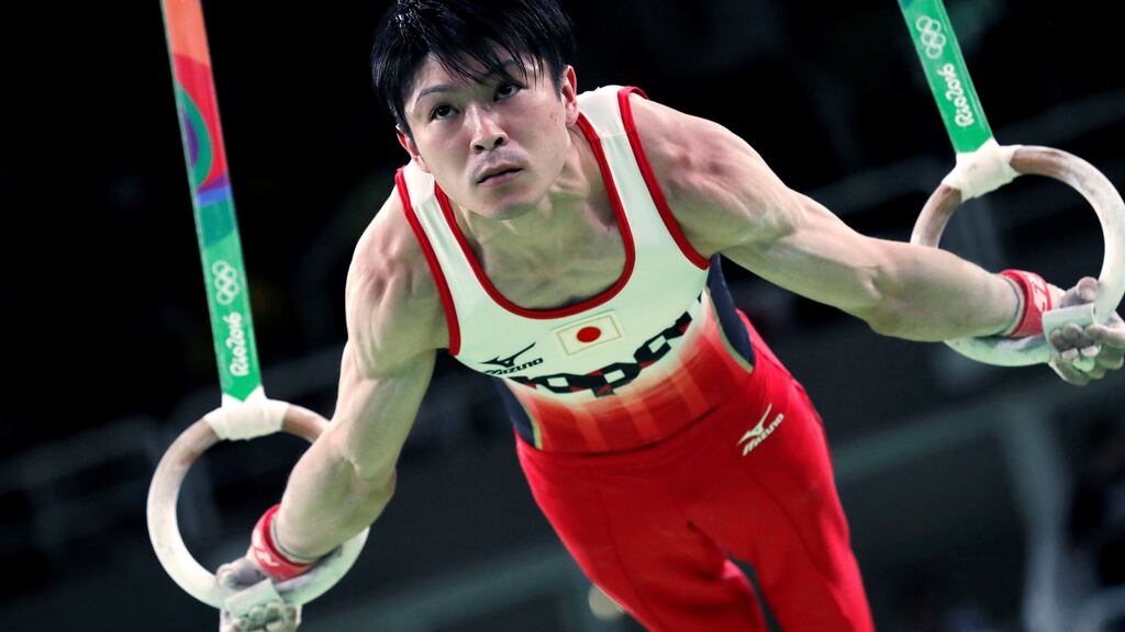 Japan’s Kohei Uchimura competing on the rings during the men’s team final  on Monday. Photograph: AFP Photo/Thomas Coex