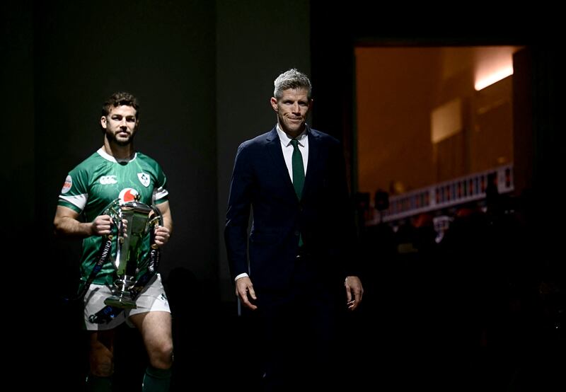 Ireland interim head coach Simon Easterby with captain Calen Doris at the 2025 Six Nations launch in Rome. Photograph: Filippo Monteforte/AFP via Getty Image