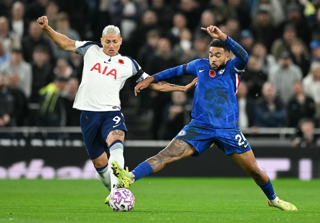 Chelsea's Reece James tackles Tottenham Hotspur striker Richarlison during Saturday's Premier League match at the Tottenham Hotspur Stadium in London. Photograph: Justin Tallis/AFP via Getty Images
