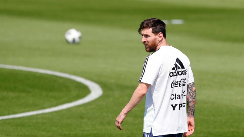 Lionel Messi during a Argentina training session at the World Cup. Photograph:  Ricardo Mazalan/AP