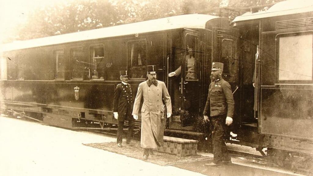 Austro-Hungarian archduke Franz Ferdinand leaves a train a day before his assassination in Sarajevo. Photograph: Courtesy of the Sarajevo Museum.