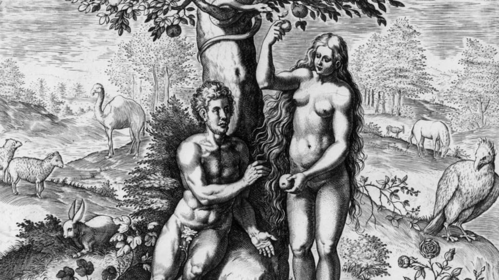 Theatrum Biblicum by Johann Fischen (circa 1650): Adam and Eve were children in paradise. It is only in breaking the bond with parents the child can become an adult.