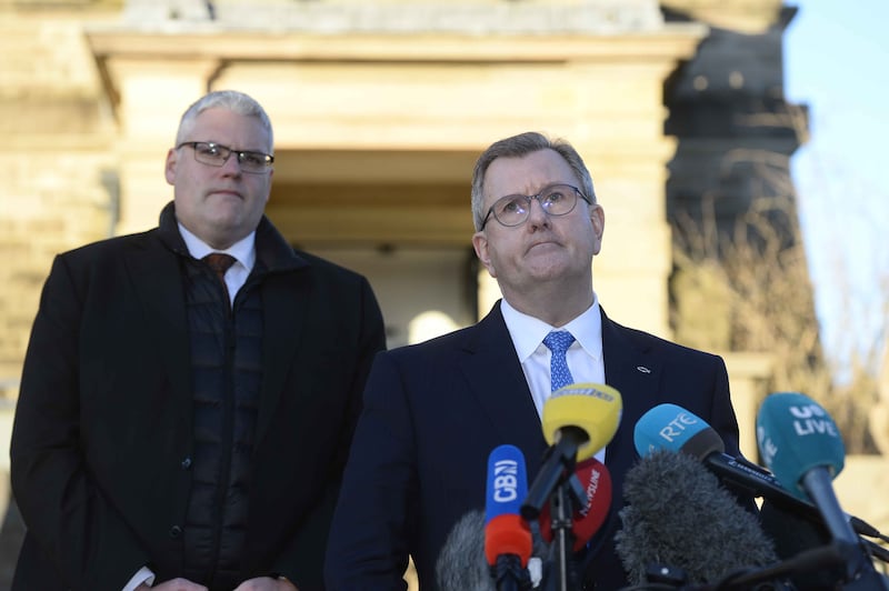 Jeffery Donaldson with Gavin Robinson (left) address the media outside Stormont in January. Photograph: Mark Marlow/EPA