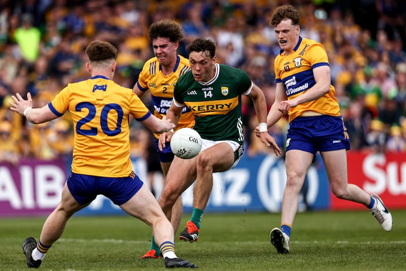 Kerry's David Clifford comes up against Clare's Cormac Murray and Daniel Walsh during the 2024 Munster final at Cusack Park in Ennis. Photograph: Ben Brady/Inpho