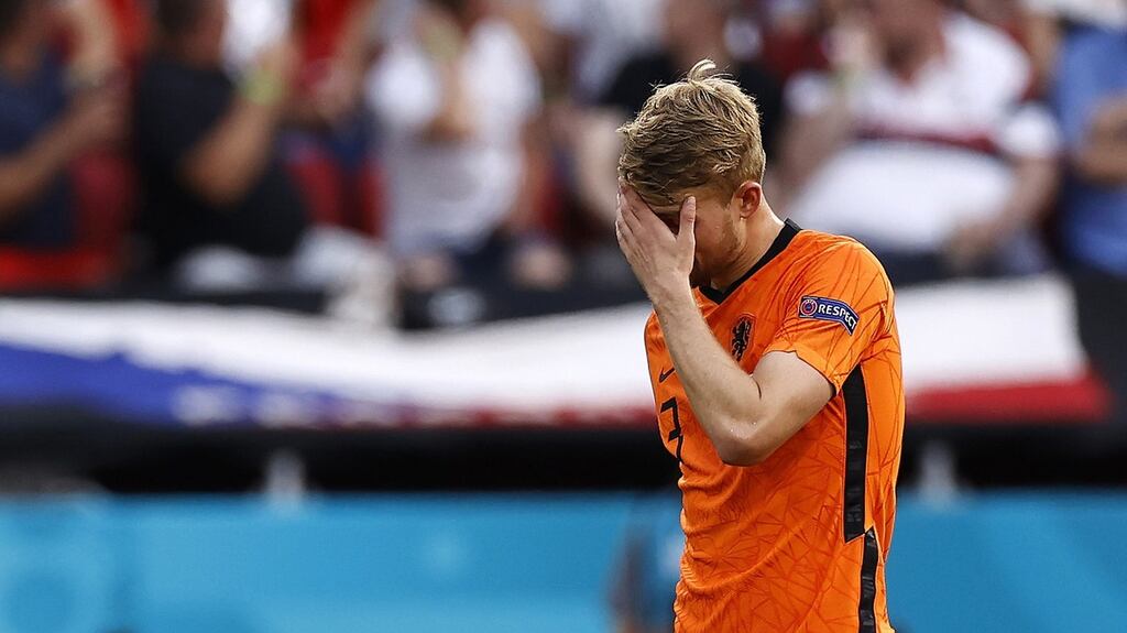 Matthijs de Ligt leaves the pitch after being shown a red card during Holland’s defeat to the Czech Republic. Photograph: Maurice Van Steen/EPA