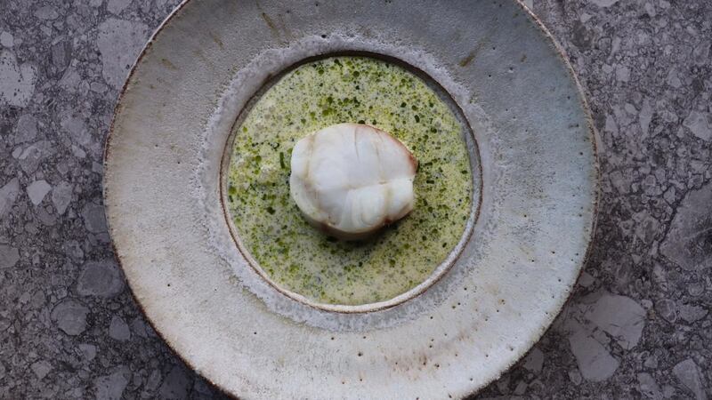 Pollack with mussel cream sauce with horseradish pearls and dill oil. Photograph: Aimsir