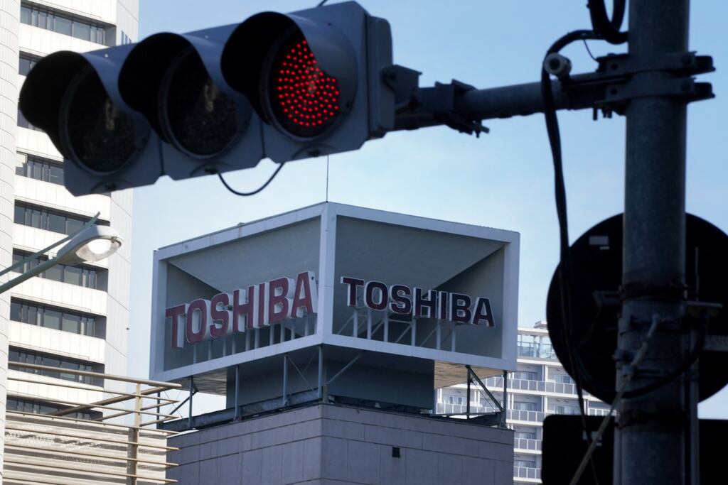 Japanese industrial group Toshiba delisted from the Tokyo Stock Exchange on Wednesday after 74 years. Photograph: Kazuhiro Nogi/AFP via Getty Images