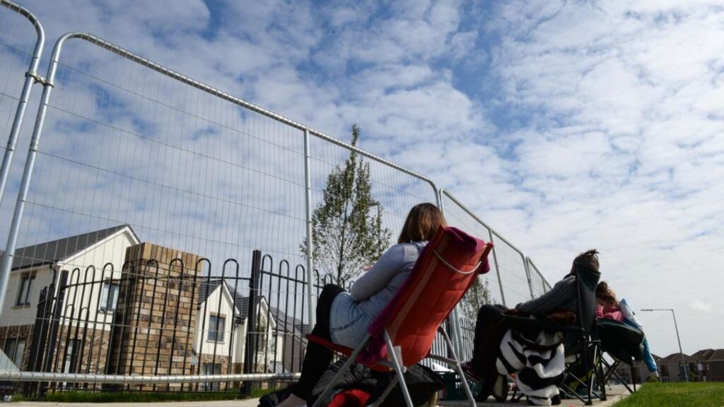 Queuing outside the Millers Glen, new housing development, in Swords, Co. Dublin last month. Photograph; Dara Mac Dónaill /The Irish Times