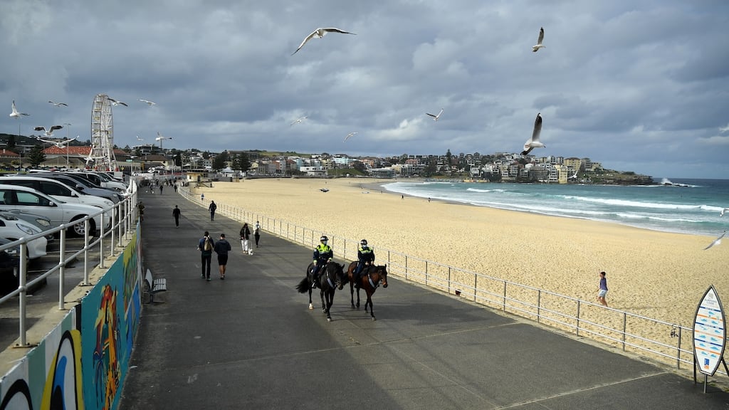 Mounted police on patrol at Bondi Beach in Sydney, Australia. Photograph: Joel Carrett/EPA