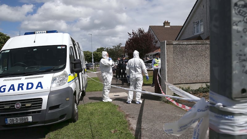 Gardaí at the scene of the fatal assault on Jean Eagers in her home at Willow Wood Grove, Hartstown, Dublin, on Sunday morning. Photograph: Stephen Collins/Collins Photos