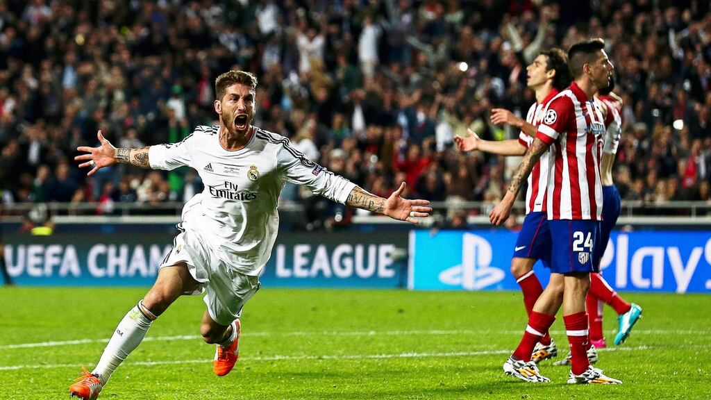 Real Madrid’s Sergio Ramos celebrates after scoring in the Champions League final two years ago. Photograph: EPA