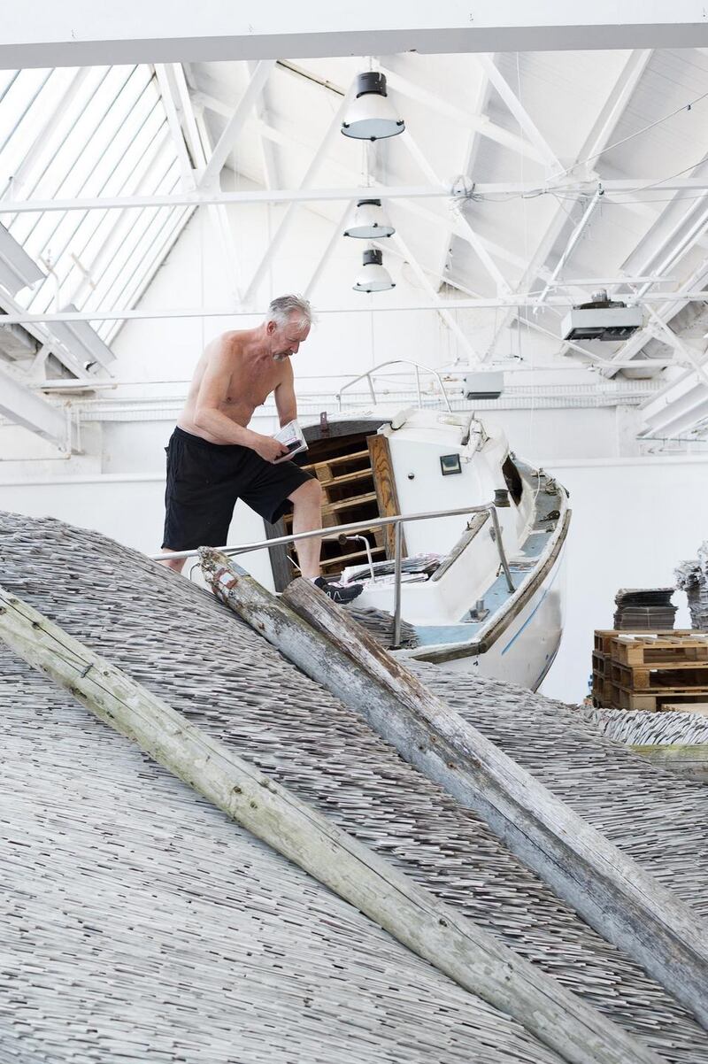 David Mach working on Rock’n’Roll. Phoograph: Andrew Downes