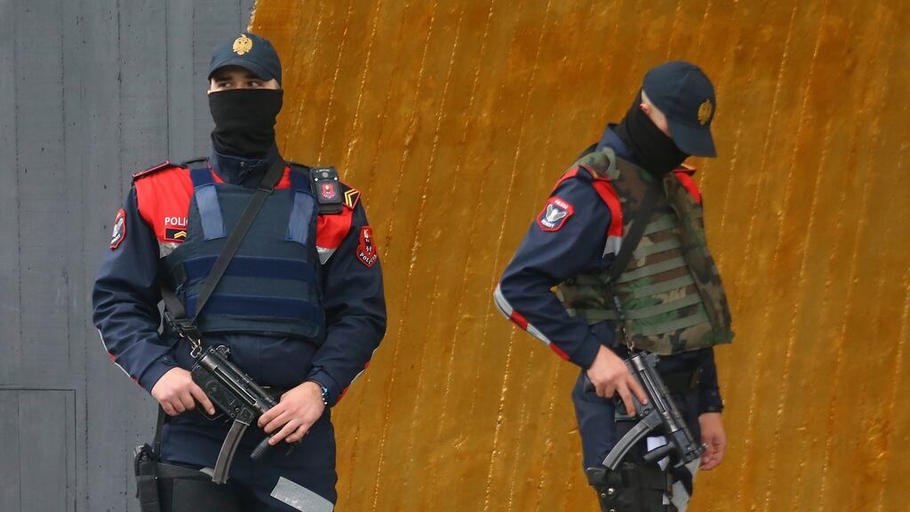 Albanian special police guard a hotel where the Israeli soccer team were staying ahead of their World Cup qualifier against Albania, in downtown Tirana. File photograph: Hektor Pustina/AP Photo