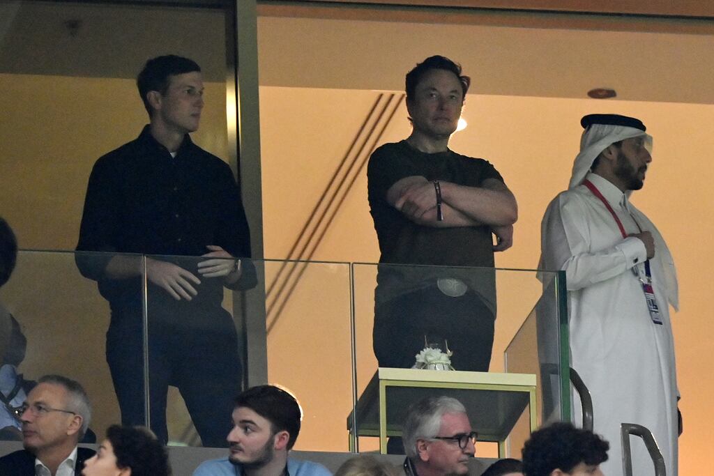 Elon Musk and Jared Kushner (left) at the World Cup final in Qatar. Photograph: Dan Mullan/Getty Images