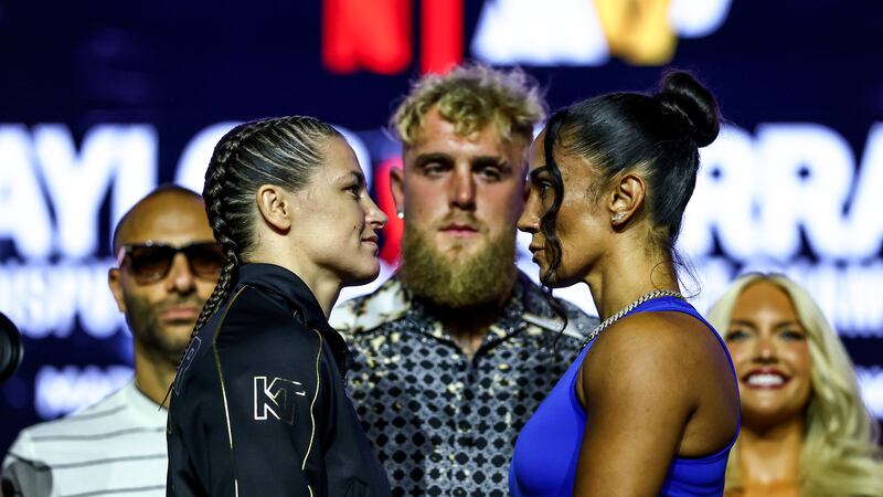 Katie Taylor and Amanda Serrano during a press conference at The Theatre At Madison Square Garden on Wednesday ahead of Friday's fight. Photograph: Gary Carr/Inpho