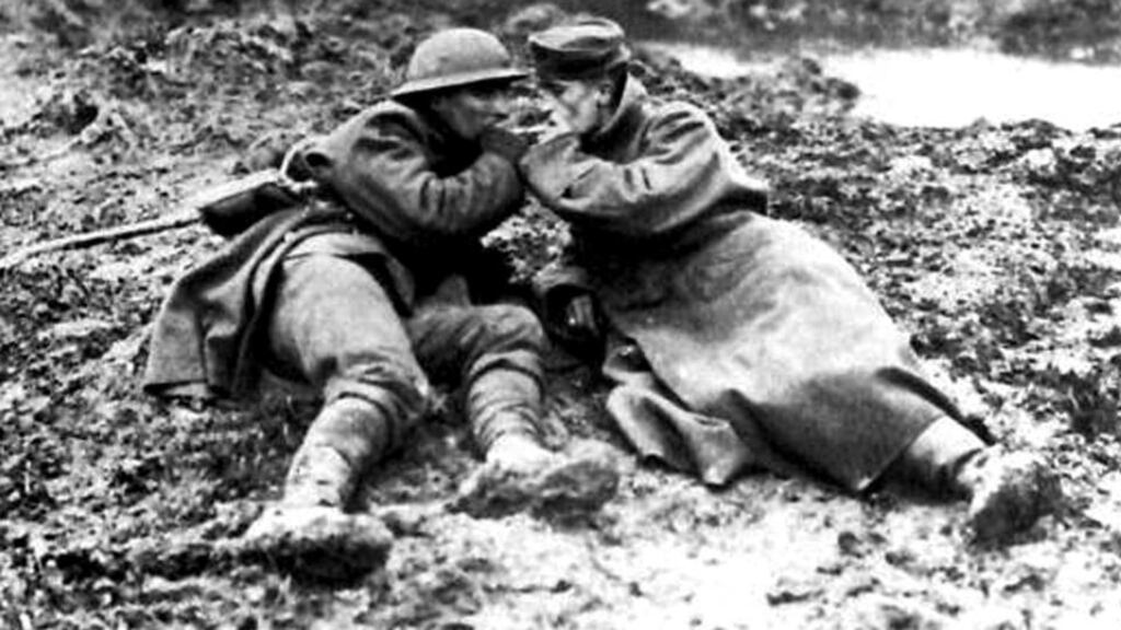A Canadian soldier (left) lights a German prisoner’s cigarette during the first World War at Paschendale on the western front, November 1917. In an editorial more than three years earlier, the Berliner Tageblatt newspaper said there was still reason to expect that “all of Europe will not be set alight because of a few Serbian agitators and duke murderer”. Photograph: Reuters