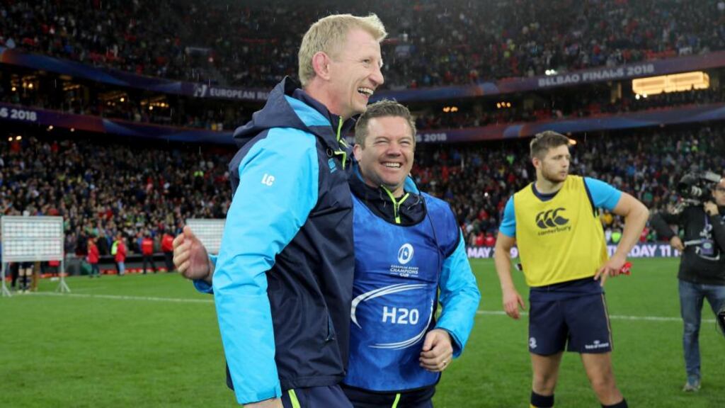 Leo Cullen and John Fogarty celebrate Leinster’s win over Racing 92. Photograph: Dan Sheridan/Inpho