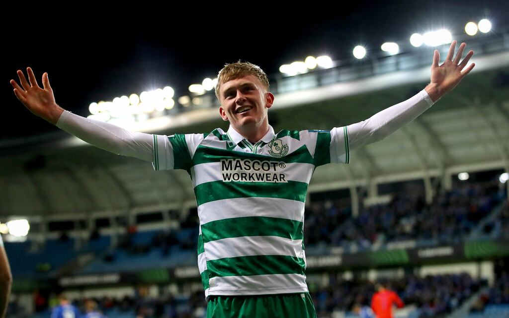 Shamrock Rovers’ Michael Noonan celebrates scoring against Molde in the Conference League. Photograph: Ryan Byrne/Inpho