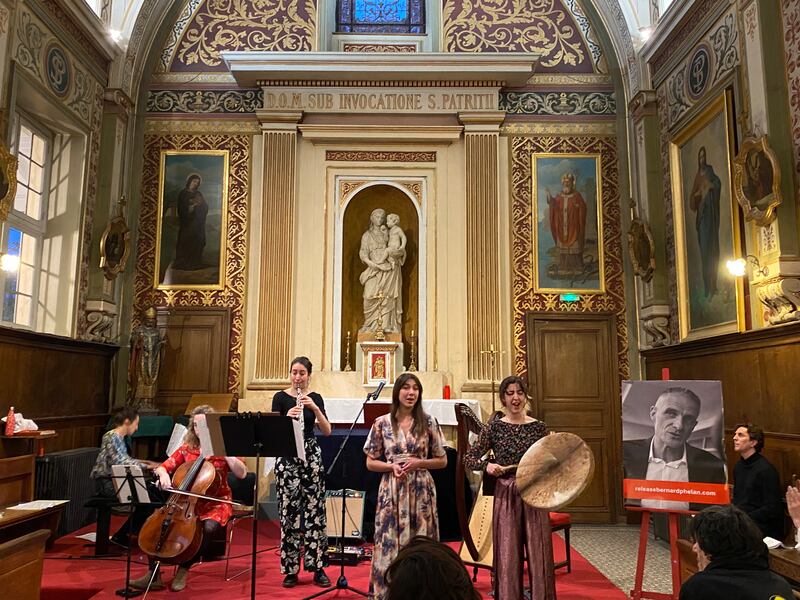 From left: pianist Luce Dulucq Pujol, cellist Sophie Chauvenet, oboist Ariane Bacquet, singers Eva Genniaux and Luna Garcia Odin and actor Geoffrey Perrin, at the concert and poetry reading in the chapel of the Centre Culturel Irlandais. Photograph: Lara Marlowe