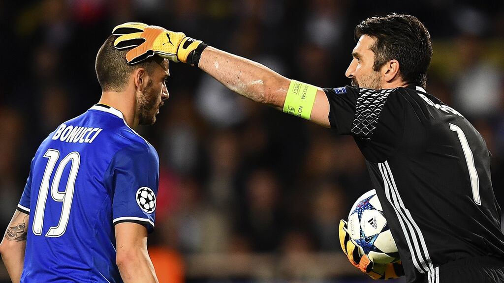 Gianluigi Buffon and Leonardo Bonucci during the semi-final gainst Monaco at the Stade Louis II stadium. Photograph: Getty Images