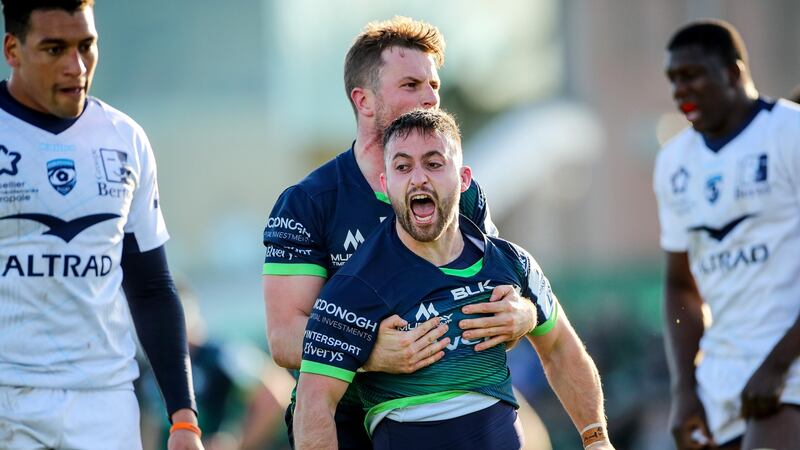 Caoiln Blade celebrates scoring Connacht’s third try against Montpellier. Photograph: James Crombie/Inpho