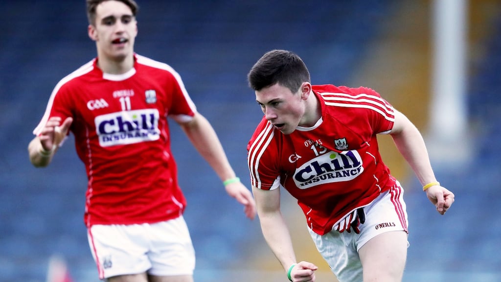 Mark Cronin (right) scored an early goal for Cork in the All-Ireland Under-20 football semi-final against Tyrone at O’Connor Park in Tullamore. Photograph: Tommy Dickson/Inpho