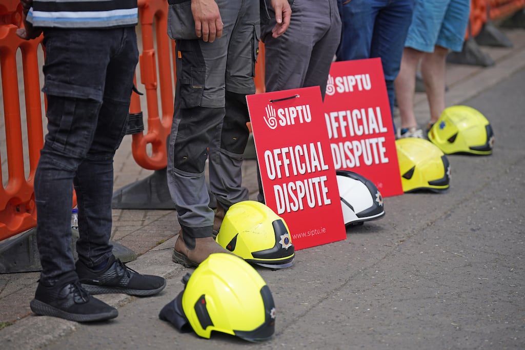 Firefighters on strike outside Ardee Fire Station in Louth. Up to half of the stations in the retained fire service around the country were closed as part of an escalation of industrial action by the trade union representing workers in the sector. Photograph: Niall Carson/PA Wire