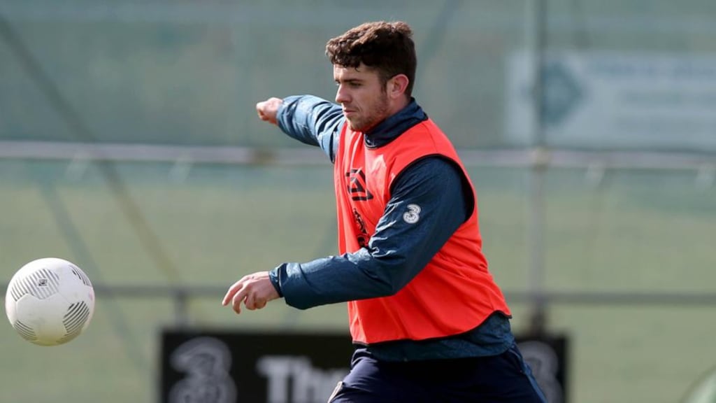 Robbie Brady training with the Republic of Ireland squad at Gannon Park in Malahide. He could be in line for a starting place against Poland. Photograph: Donall Farmer/Inpho