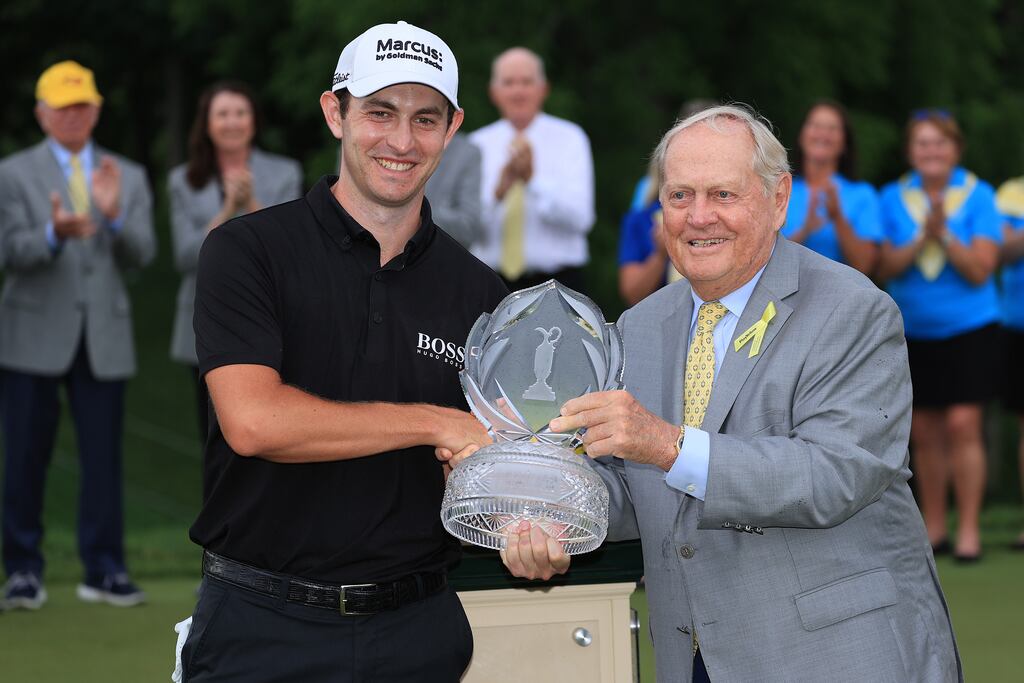 Patrick Cantlay with Jack Nicklaus after winning The Memorial Tournament in the first playoff hole of the final round of The Memorial Tournament at Muirfield Village Golf Club last year in Dublin, Ohio. Photograph: Sam Greenwood/Getty Images