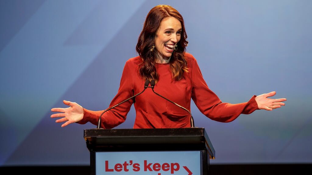 New Zealand prime minister Jacinda Ardern speaks at an election night event in Auckland on Saturday. Photograph: David Rowland/EPA