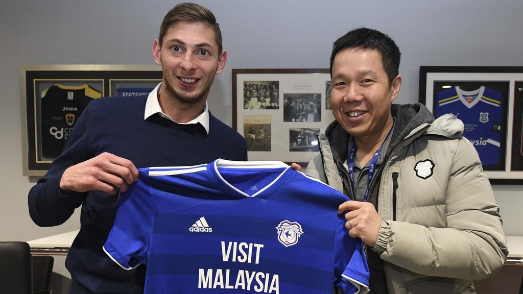 Emiliano Sala and Cardiff City chief executive Ken Choo after the Argentinian striker signed for the club in January, 2019. Photograph: Cardiff City FC/Getty Images