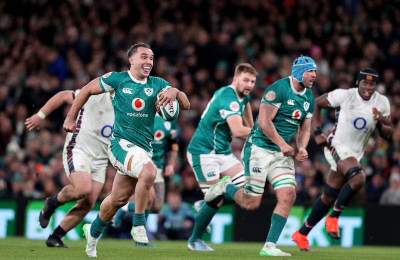Ireland’s James Lowe breaks on the way to setting up Tadhg Beirne to score their third try against England.
Photograph: INPHO/ Dan Sheridan