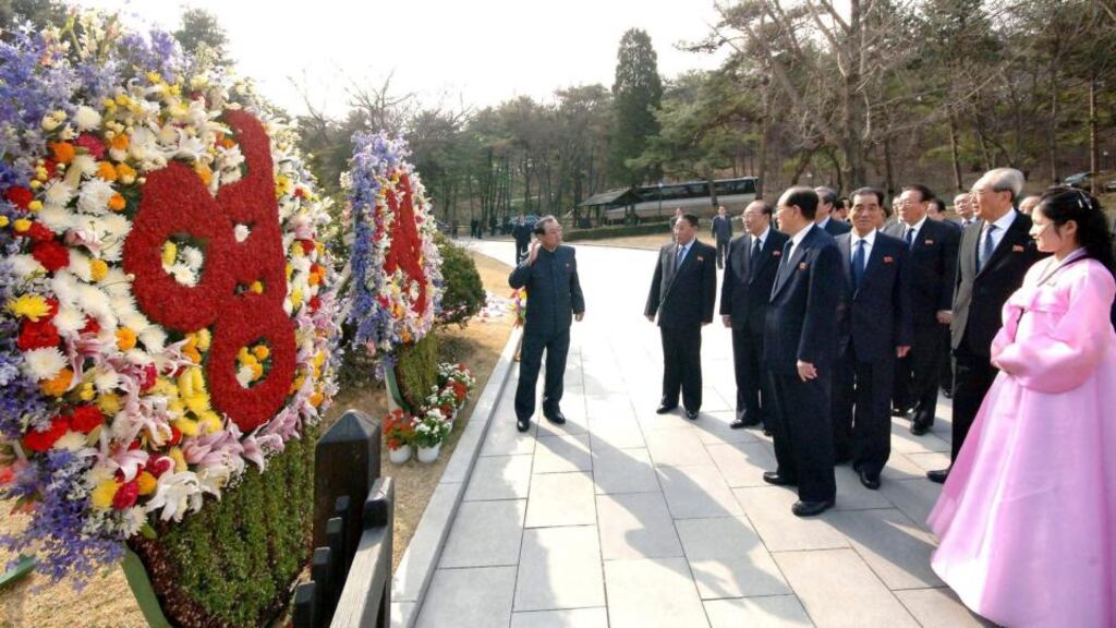 North Korean party officials visit Mankyongdae, the birthplace of North Korean founder Kim Il-sung, on the 101st anniversary of his birth, in Pyongyang today in this photo distributed by North Korea's official Korean Central News Agency