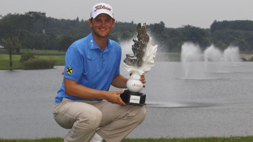 Bernd Wiesberger of Austria after winning the final round of the Indonesian Masters in Jakarta, Indonesia, on Sunday. Photograph: Dita Alangkara/AP