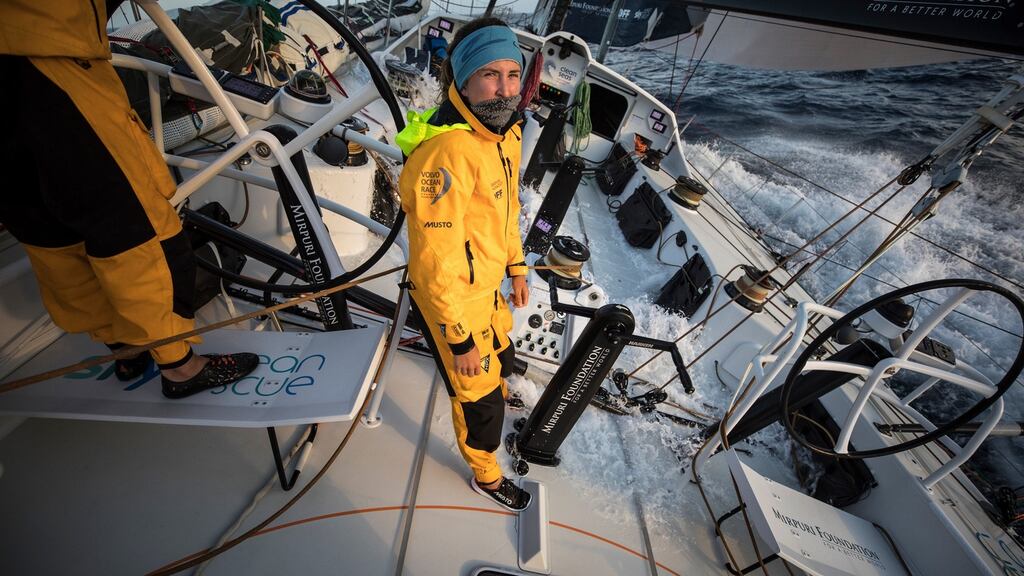 Annalise Murphy stands on board Turn the Tide on Plastic during day 15 of the Volvo Ocean Race. Photo: Sam Greenfield/Volvo Ocean Race