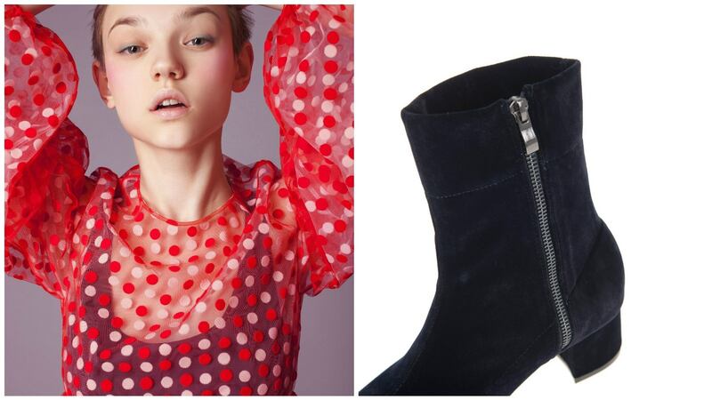 Paskal’s red flocked polka dot top, €225, and navy velvet ankle boots from Parfois €39.99.