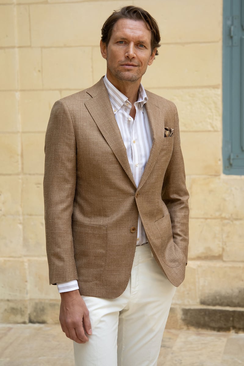 Bronze wool/silk/linen jackets (€699), fitted barstripe beige shirt (€169), white cotton chinos (€279), from Louis Copeland