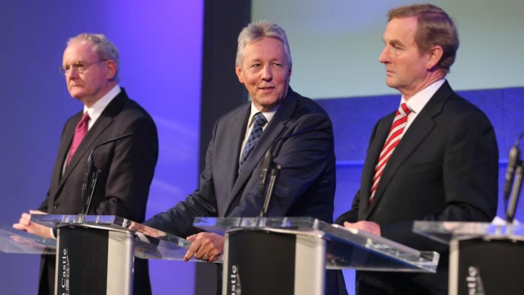 ‘Peter Robinson will not be attending today’s gathering on account of having “a very full diary as First Minister on Thursday”.’ Above, Northern Ireland Deputy First Minister Martin McGuinness, First Minister Peter Robinson and Taoiseach Enda Kenny at a press conference after a meeting of the North-South Ministerial Council at Dublin Castle earlier this month. Photograph: Niall Carson/PA Wire