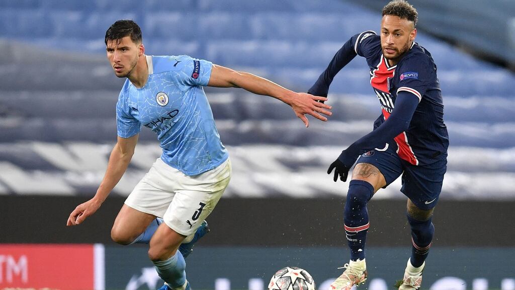 Ruben Dias in action against Paris Saint-Germain’s Neymar. The signing of Dias last summer has been as transformative as that of Virgil van Dijk was for Liverpool. Photograph: Paul Ellis/AFP/Getty Images