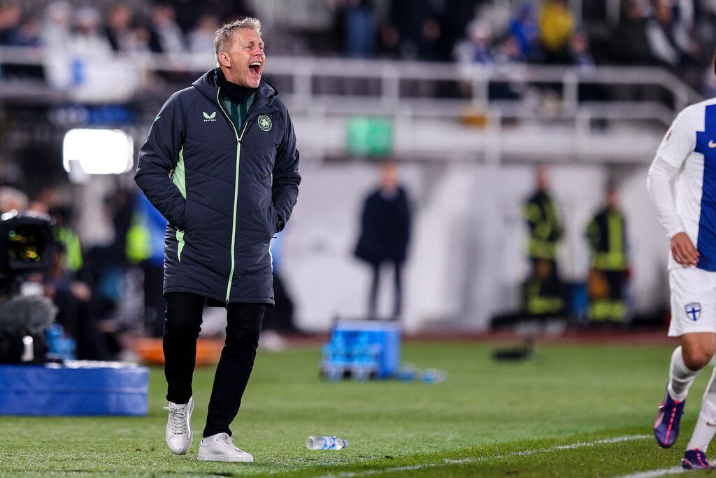 Republic of Ireland manager Heimir Hallgrímsson shouts instructions from the sideline during the Nations League Group B2 game against Finland at the Olympic Stadium in Helsinki. Photograph: Ryan Byrne/Inpho