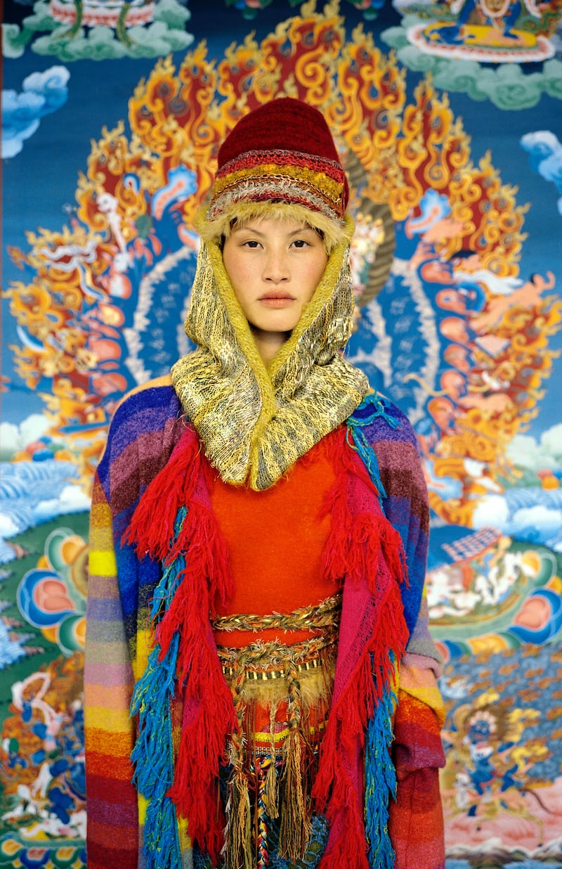 Jaimee Gong wears Lainey Keogh, hair and head dress by Brian Murphy (at Kazumi, Dublin), tangka by Romio Shrestha, circa 2004. Photograph: Mike Bunn
