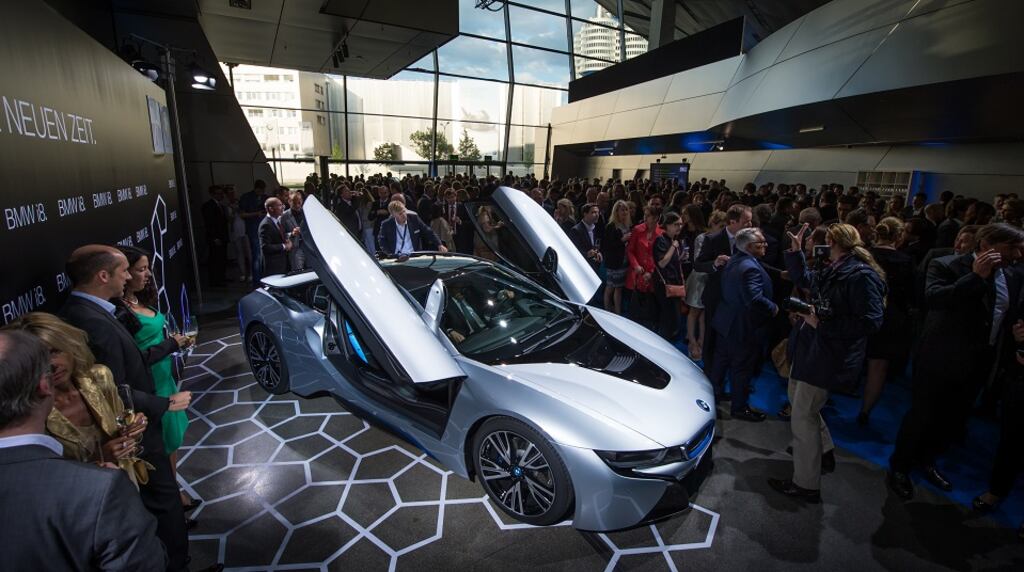 A BMW i8 plug-in hybrid. BMW management say four pillars of innovation will underpin the cars of the future: automation, connectivity, electrification and shared mobility. Photograph: Joerg koch/Getty
